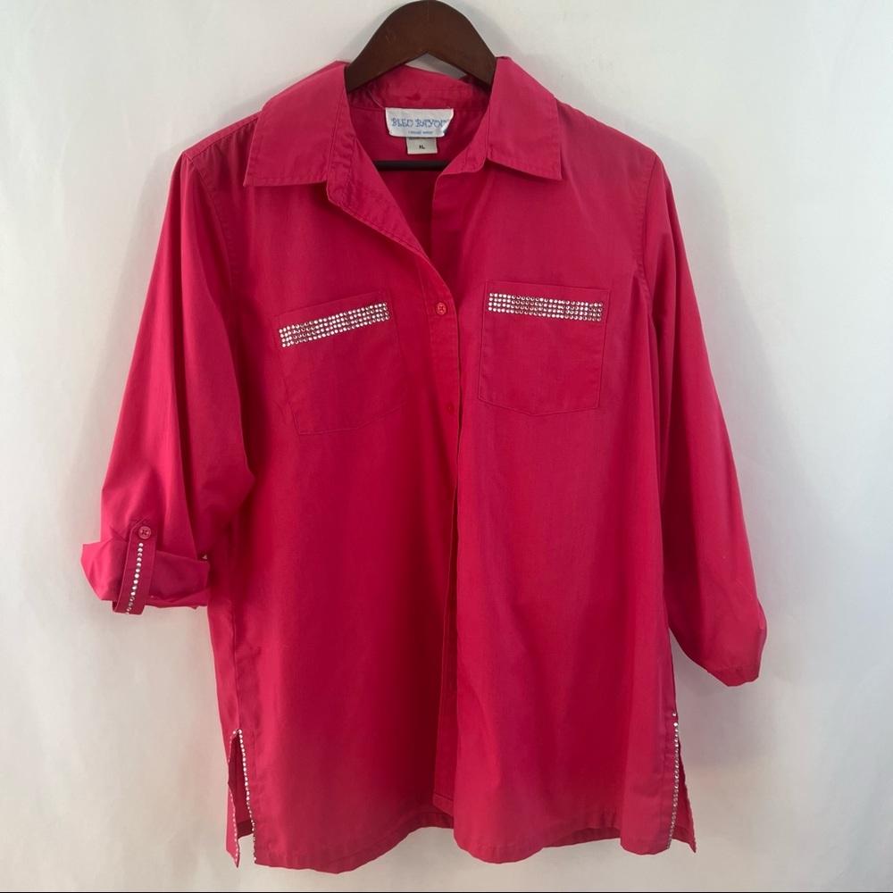 Bleu Bayou Top Womens XL Pink Shirt Rhinestones Tunic Roll Tab Sleeves Western